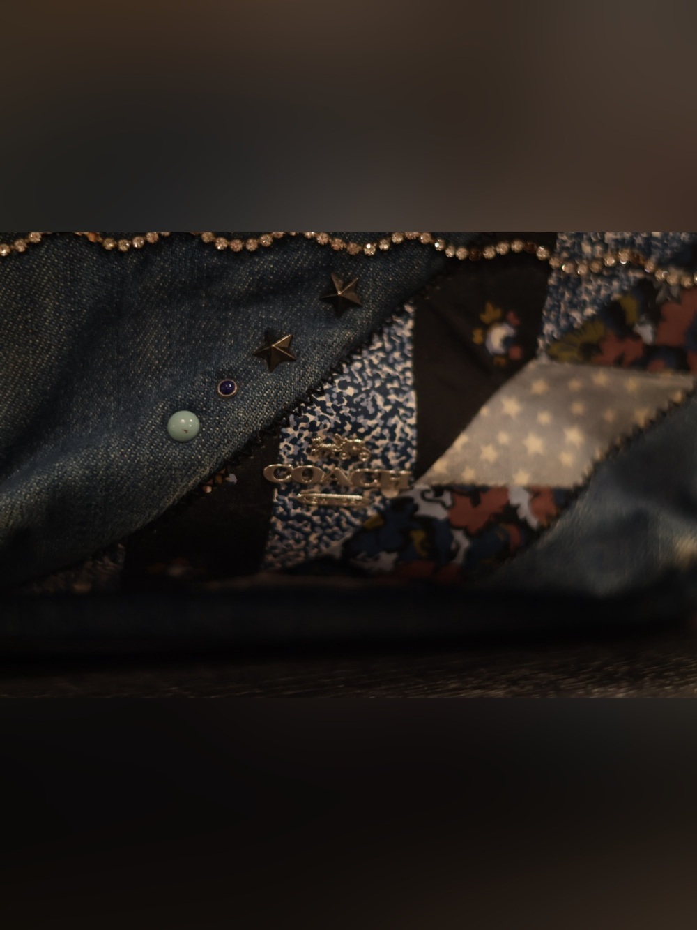 Coach Mini Charlie Denim Patchwork Star Backpack Rhinestone Trim Blue Leather - Picture 4 of 11